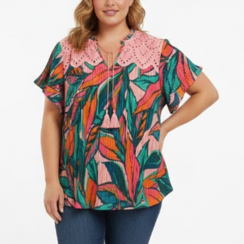 New Rio & Rian‎ Blouse size 2X Colorful Pleated Lace Detail Tie Front Feminine